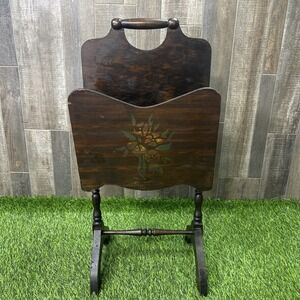 1930s Art Deco Dark Wood Magazine Rack Stand Floral Motif Vintage